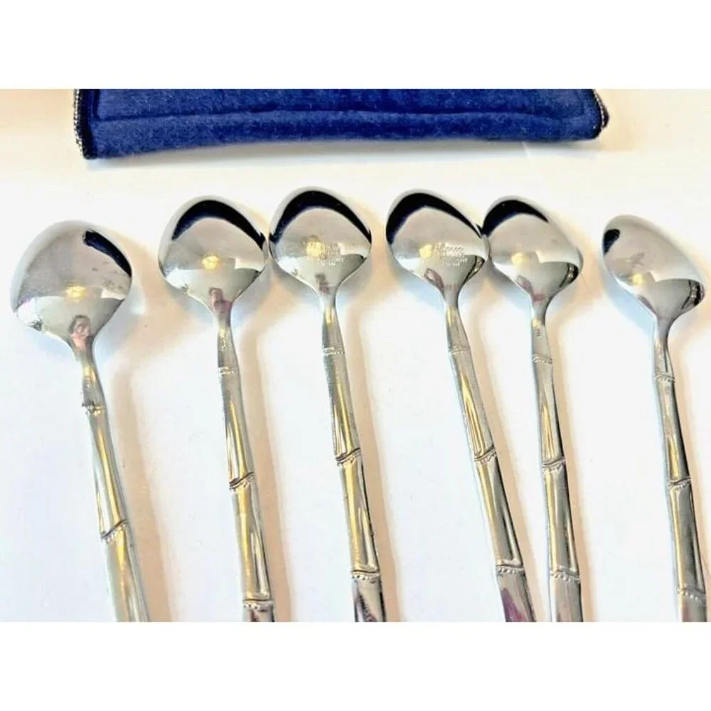 PRESENT Japan‎ Stainless BORNES Line 6 Teaspoons Dotted Bamboo Handle 6.5